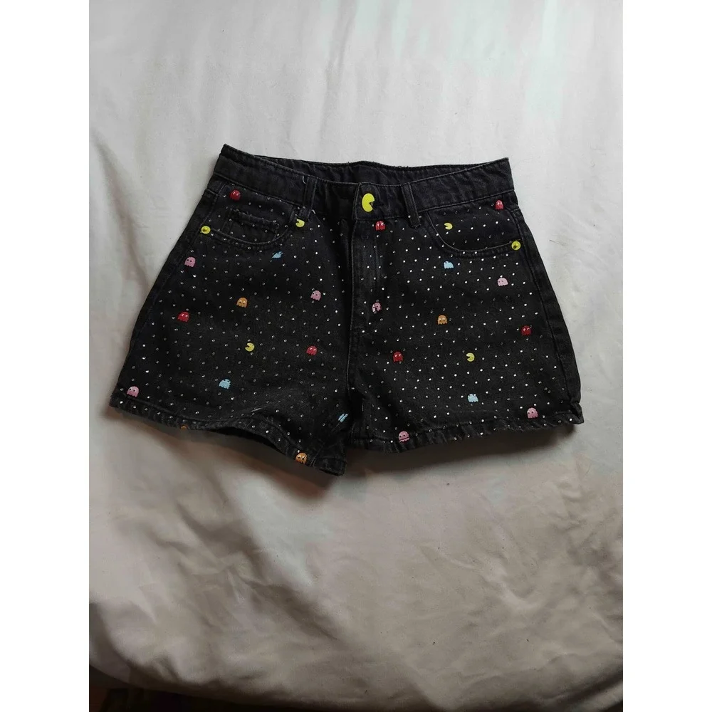 Justice‎ Pac Man Denim Shorts Size 14 Black Denim Rhinestone Retro Video Game